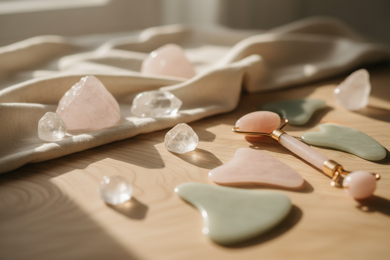 women's massage/healing studio. boho and mysti. close up of timber, linen, crystal stone, facial tools, soft breeze, morning, no people